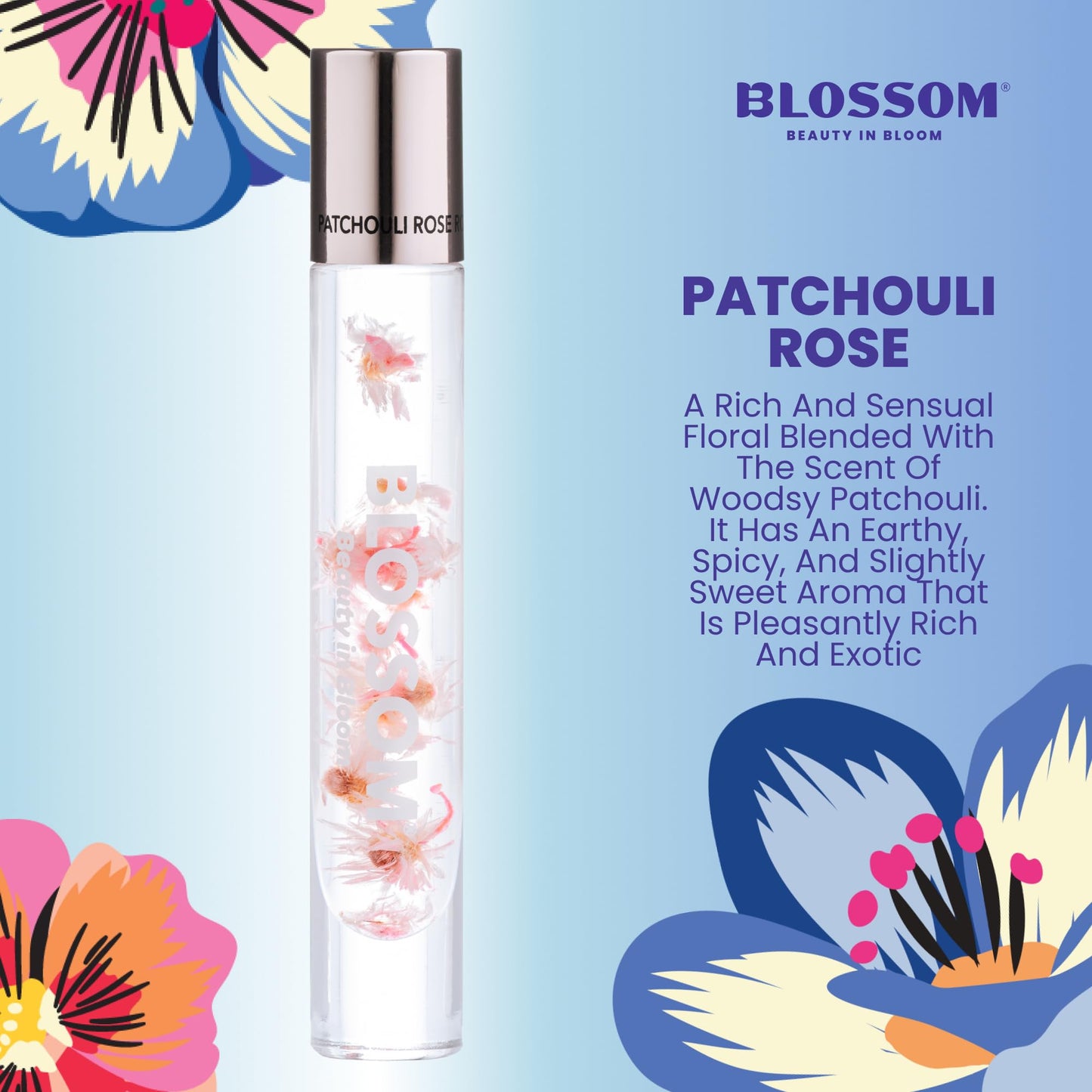 Blossom Roll on Perfume for Women Alcohol Free Rollerball Perfume Oil with Essential Oils, Infused with Real Flowers, Made in USA, 0.20oz, Patchouli Rose