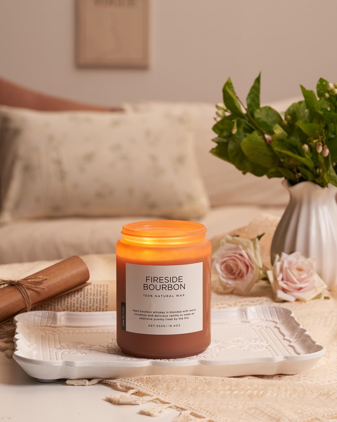 M&SENSE Fireside Bourbon Candles Strong Scented, 2 Wick Jar Candle 19.4oz 110 Hour Long Lasting, Organic Natural Soy Wax Candle for Bedroom Kitchen Home Decor, Warm Housewarming Gifts for Men Women