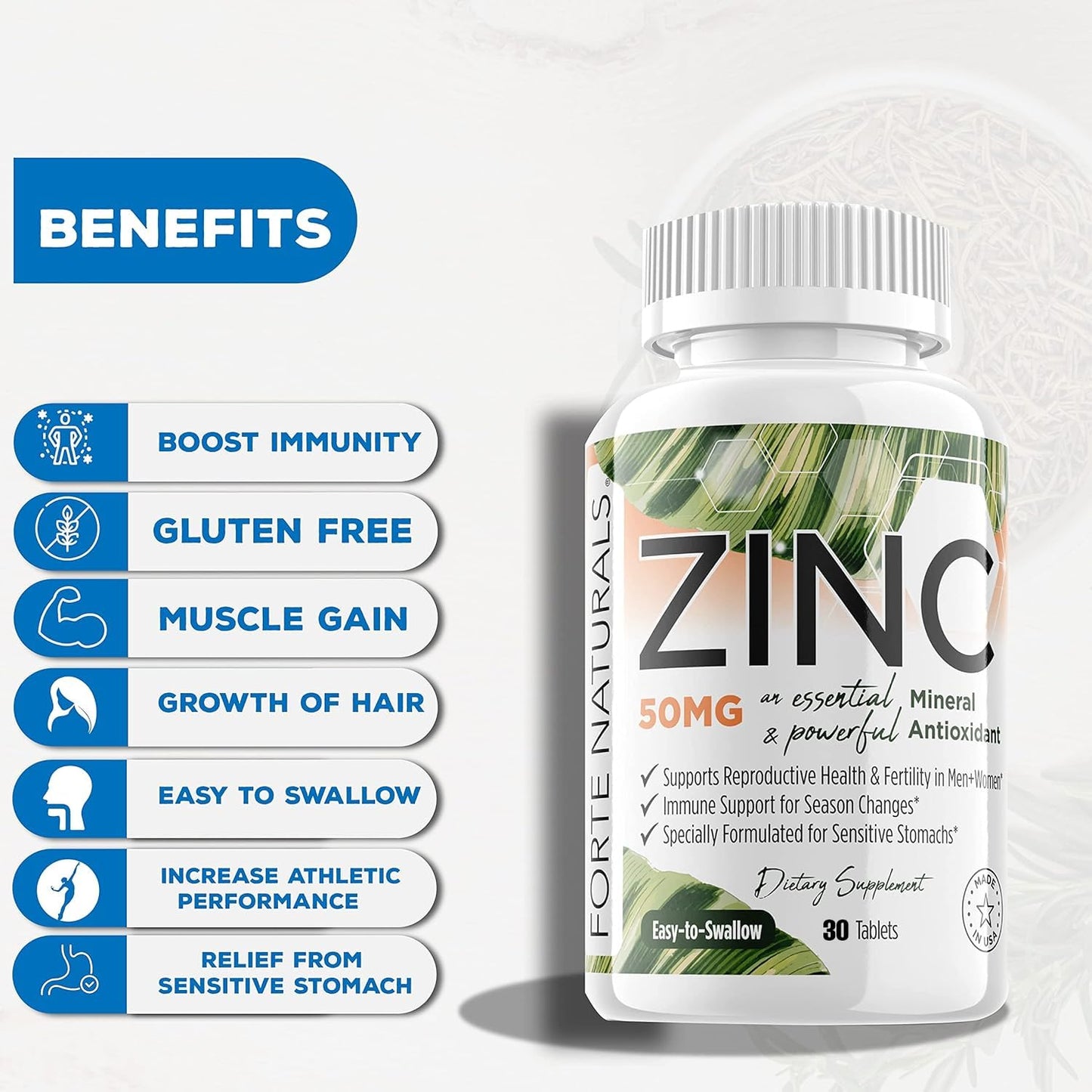 FORTE NATURALS Zinc 50mg, (30 Tablets), Specially Formulated for Sensitive Stomach, Immune Support, Skin & Hair, Vegan Zinc Supplement, Non-GMO Made in USA