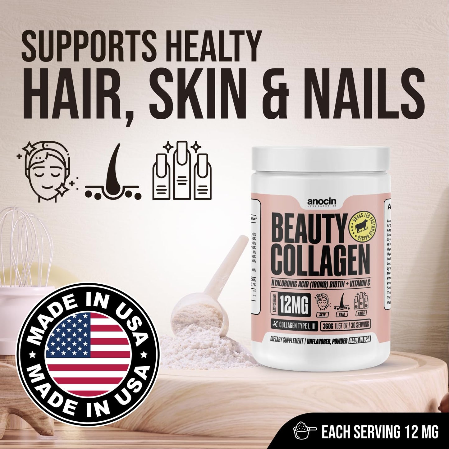 anocin Beauty Collagen Peptides, Unflavored Powder