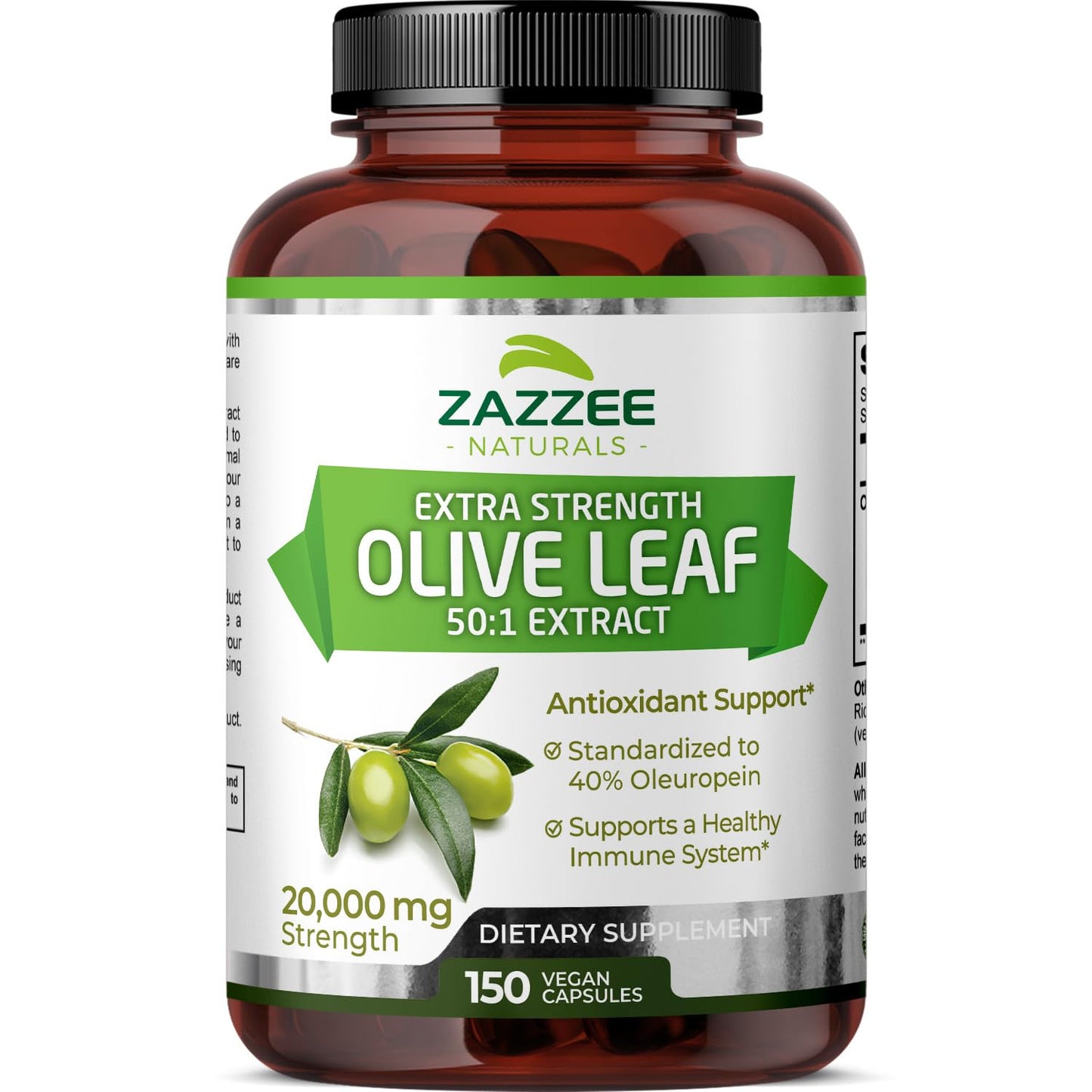 Zazzee Extra Strength Olive Leaf 50:1 Extract, 20,000 mg Strength, 40% Oleuropein, 150 Vegan Capsules, 5 Month Supply, Concentrated and Standardized 50X Extract, 100% Vegetarian, Non-GMO, All-Natural