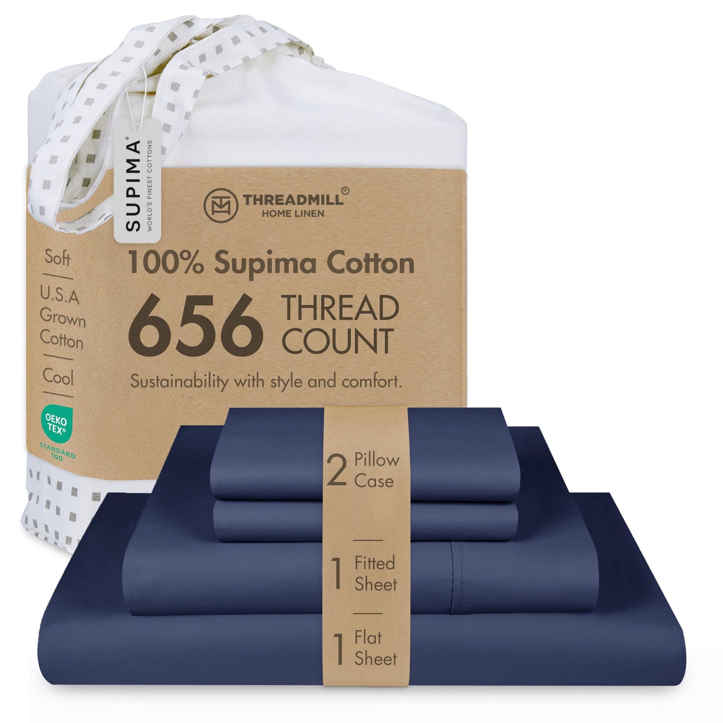 Threadmill Supima Cotton Sheets Queen | 656 Thread Count Queen Sheets for Queen Mattress | 4 Piece Luxury Bed Sheets | Sateen Weave Hotel Quality Sheet with Elasticized Deep Pocket | Folkstone Blue