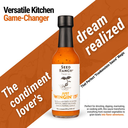Seed Ranch Just Wingin' It Hot Sauce, 5 fl oz., Medium Heat, Datil and Savanna Peppers, Small-Batch Organic Gourmet Sauces, Vegan, Non-GMO, Gluten-Free, As Seen on Hot Ones S27