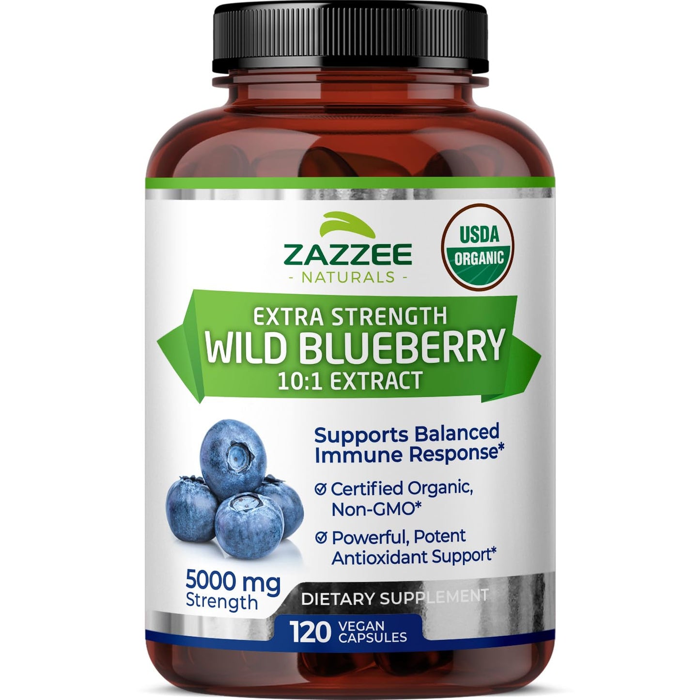 Zazzee USDA Organic Wild Blueberry 10:1 Extract, 5000 mg Strength, 120 Vegan Capsules, 4 Month Supply, Concentrated and Standardized 10X Whole Fruit Extract, 100% Vegetarian, All-Natural and Non-GMO
