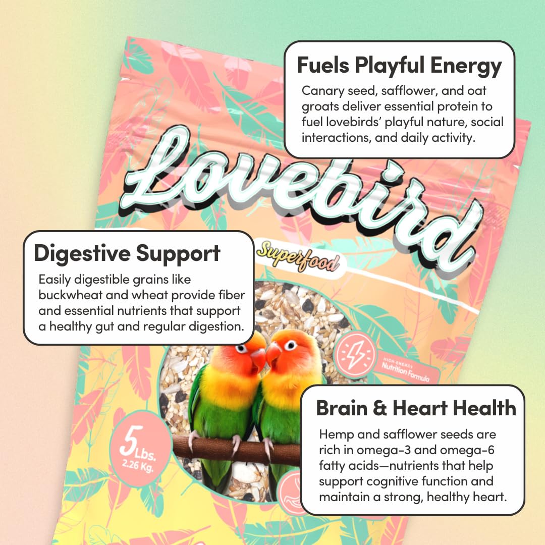 Mycelium Organic Lovebird Superfood (5 LB Bag) | High-Energy Bird Seed for Lovebirds | Premium Seeds, Grains & Superfoods for Brain, Heart, & Digestive Health | Non-GMO, USA Made, No Fillers