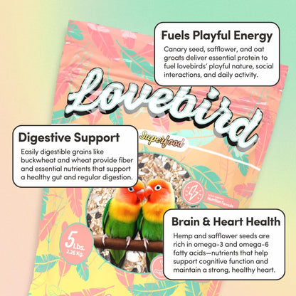 Mycelium Organic Lovebird Superfood (5 LB Bag) | High-Energy Bird Seed for Lovebirds | Premium Seeds, Grains & Superfoods for Brain, Heart, & Digestive Health | Non-GMO, USA Made, No Fillers