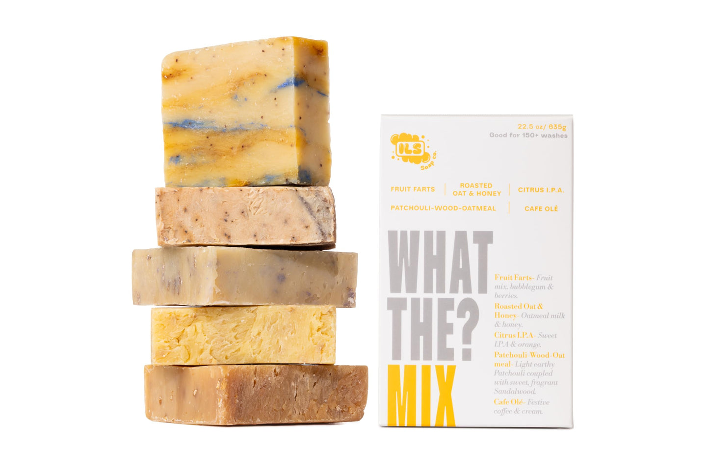 ILS Soap co - What The? Mix (Fruit Farts/Cafe Olé/Citrus I.P.A./Roasted Oats and Honey/Patchouli-Wood-Oatmeal) All Natural Bar Soap for All Skin Types - Cold Process and Handmade in the USA (5 Pack)