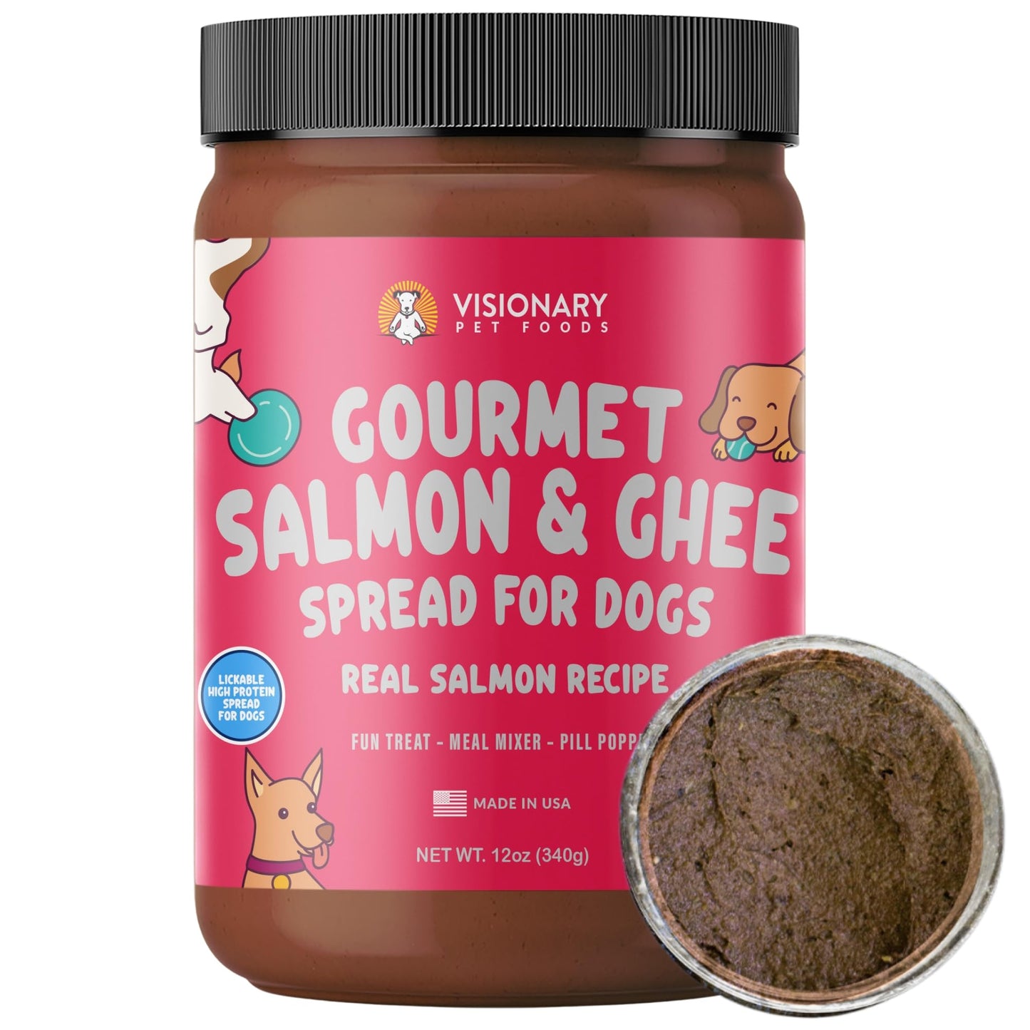 Visionary Pet Foods Salmon Meat Spread - Healthy Dog Treat - Alternative to Dog Peanut Butter, Xylitol Free, No Sugar and Filler Free - Use on Lick Mat, Food Mixer, Pill Pockets - 12oz Jar