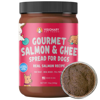 Visionary Pet Foods Salmon Meat Spread - Healthy Dog Treat - Alternative to Dog Peanut Butter, Xylitol Free, No Sugar and Filler Free - Use on Lick Mat, Food Mixer, Pill Pockets - 12oz Jar