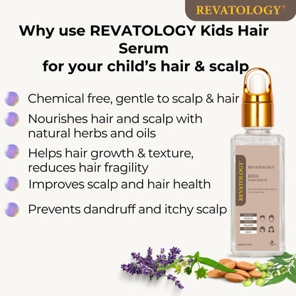REVATOLOGY Kids Hair Serum (Made in USA) for Hair Thickness, Strength, Growth and Scalp Revitalization for straight, curly, waivy, coiled hair in toddlers, teen, and children | chemical & cruelty free