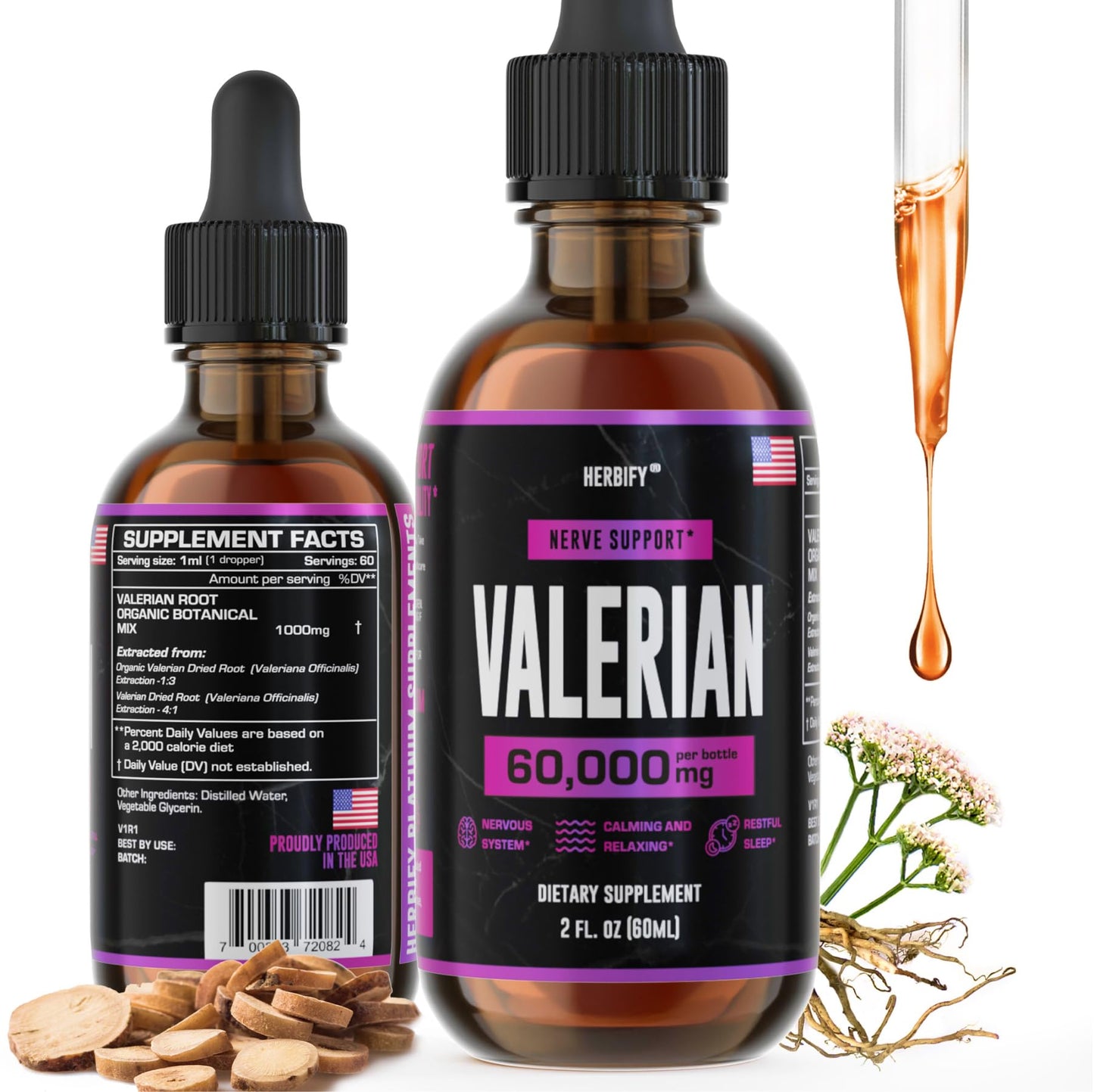 HERBIFY Valerian Root Supplement - Valerian Root Tincture – Nervous System Support 2 Fl oz