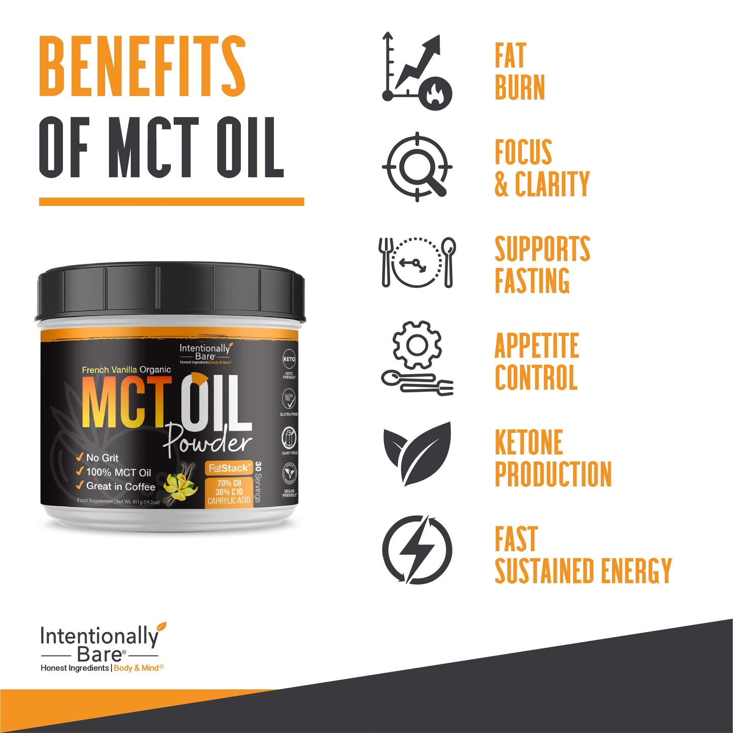 Intentionally Bare MCT Oil Powder French Vanilla MCT Coffee Creamer - C8 MCT Oil Powder for Energy & Metabolism - No Grit Keto Energy Blend Excellent in Baking, Shakes & Creamer for Coffee - 40 Ser