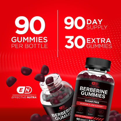 EFFECTIVE NUTRA Berberine Gummies with Ceylon Cinnamon | Sugar-Free Supplement 1200mg for Blood Sugar Support, Heart Health, Energy | 45-Day Supply, Natural Berry Flavor, Made in USA (90 Count)