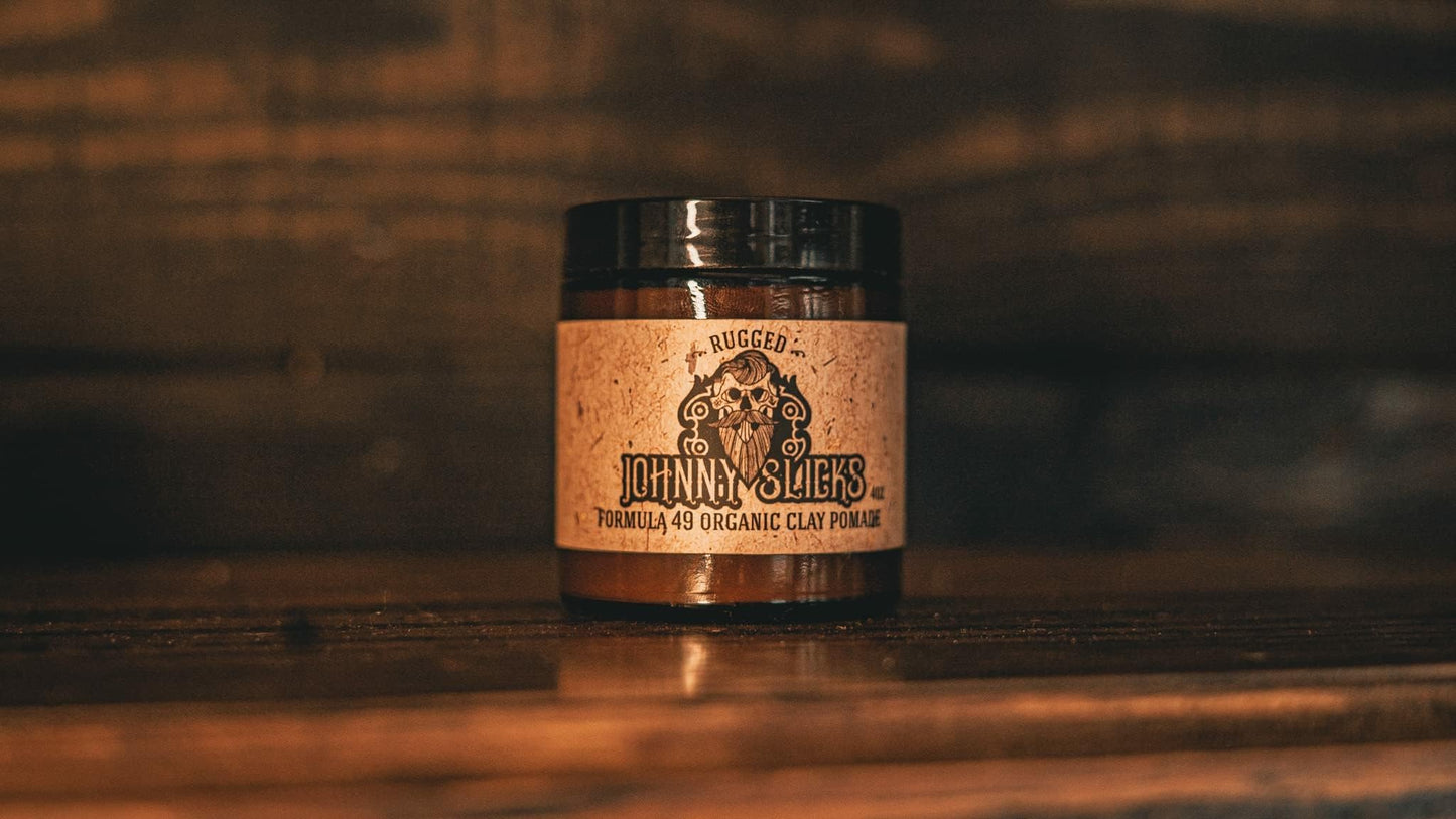Johnny Slicks Formula 49 Clay All Organic Pomade | Firm Hold & Matte Finish (Promotes Healthy Hair Growth, Helps Hydrate Dry Skin), Rugged 2-ounce