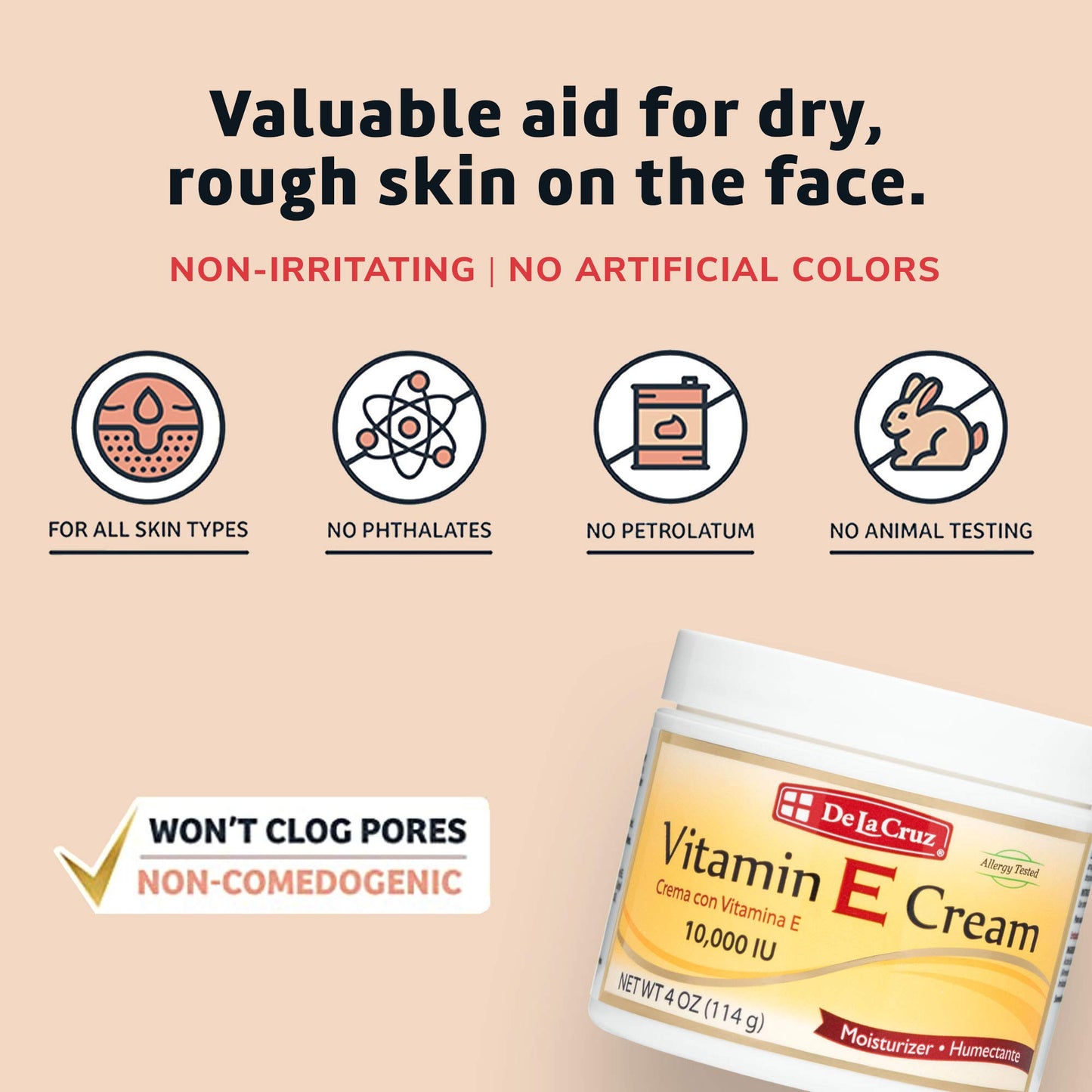 De La Cruz Vitamin E Cream Moisturizer for Face and Neck - Moisturizing Skin Care for All Skin Types - Made in USA, 4 oz