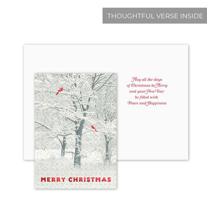 Masterpiece Snowy Trees And Cardinals Christmas Cards / 15 Winter Holiday Cards Set With Glitter And Red Foil With White Envelopes / 5 5/8" x 7 7/8" Sparkling Snow Greeting Cards With Inside Verse