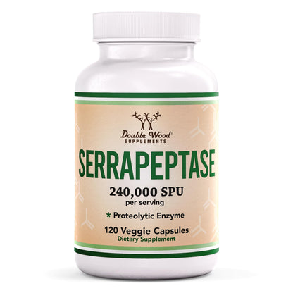 Serrapeptase 240,000 SPU Max Potency (120 Veggie Capsules) Proteolytic Enzyme for Sinus, Respiratory and Joint Health (Non-GMO, Gluten Free, Vegetarian Safe) by Double Wood