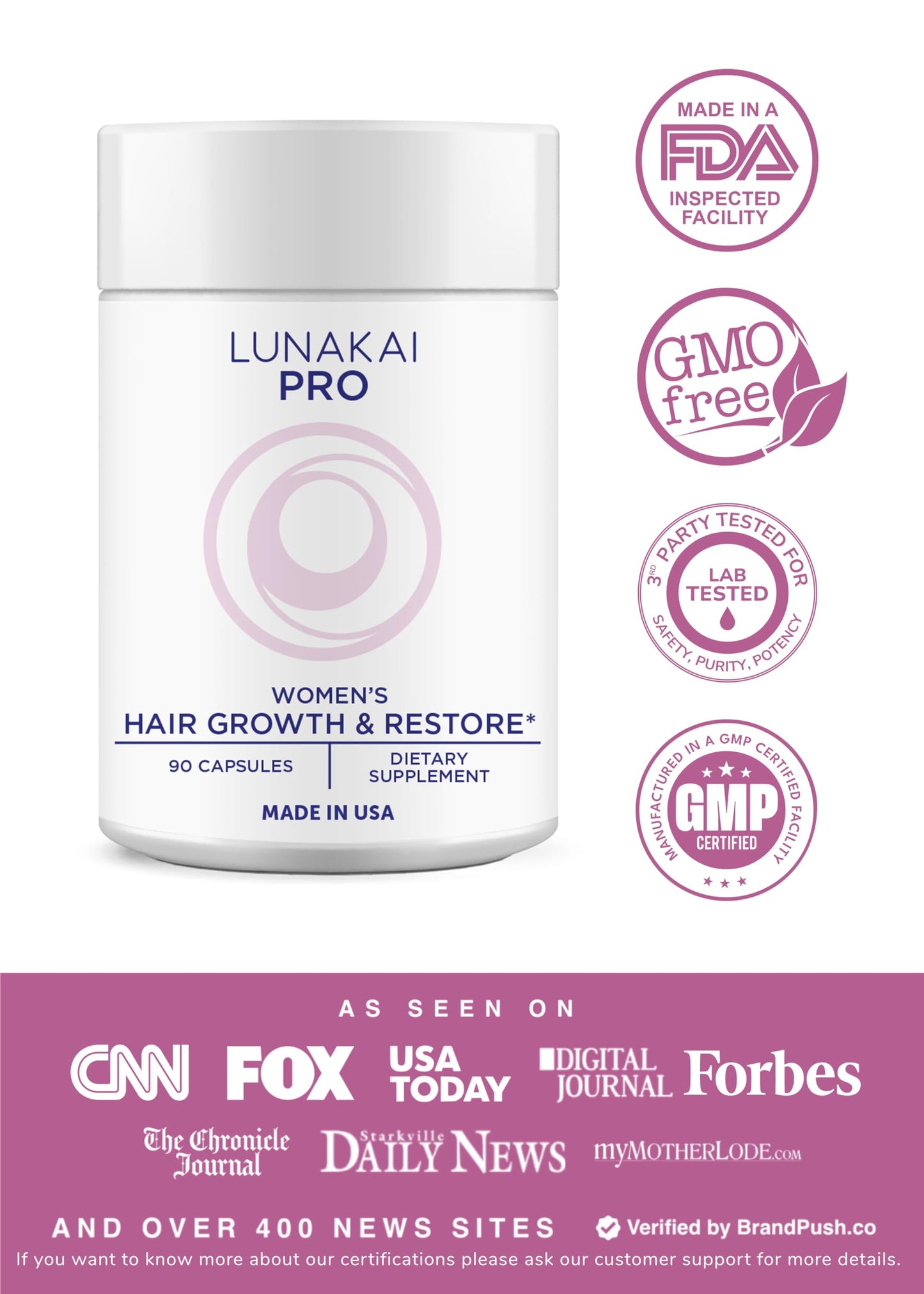 Lunakai PRO USA Made Women’s Hair Growth & Restore Vitamins – Advanced 15+ Nutrient Complex for Visible Results – Natural Thicker Hair Growth Supplement, 90ct