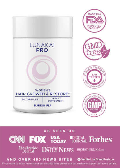 Lunakai PRO USA Made Women’s Hair Growth & Restore Vitamins – Advanced 15+ Nutrient Complex for Visible Results – Natural Thicker Hair Growth Supplement, 90ct