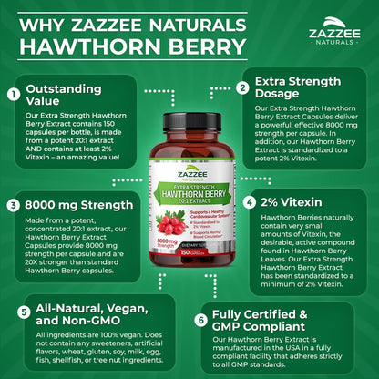 Zazzee Extra Strength Hawthorn Berry 20:1 Extract, 8000 mg Strength, 2% Vitexin, 150 Vegan Capsules, 5 Month Supply, Concentrated and Standardized Potent 20X Extract, Non-GMO and All-Natural