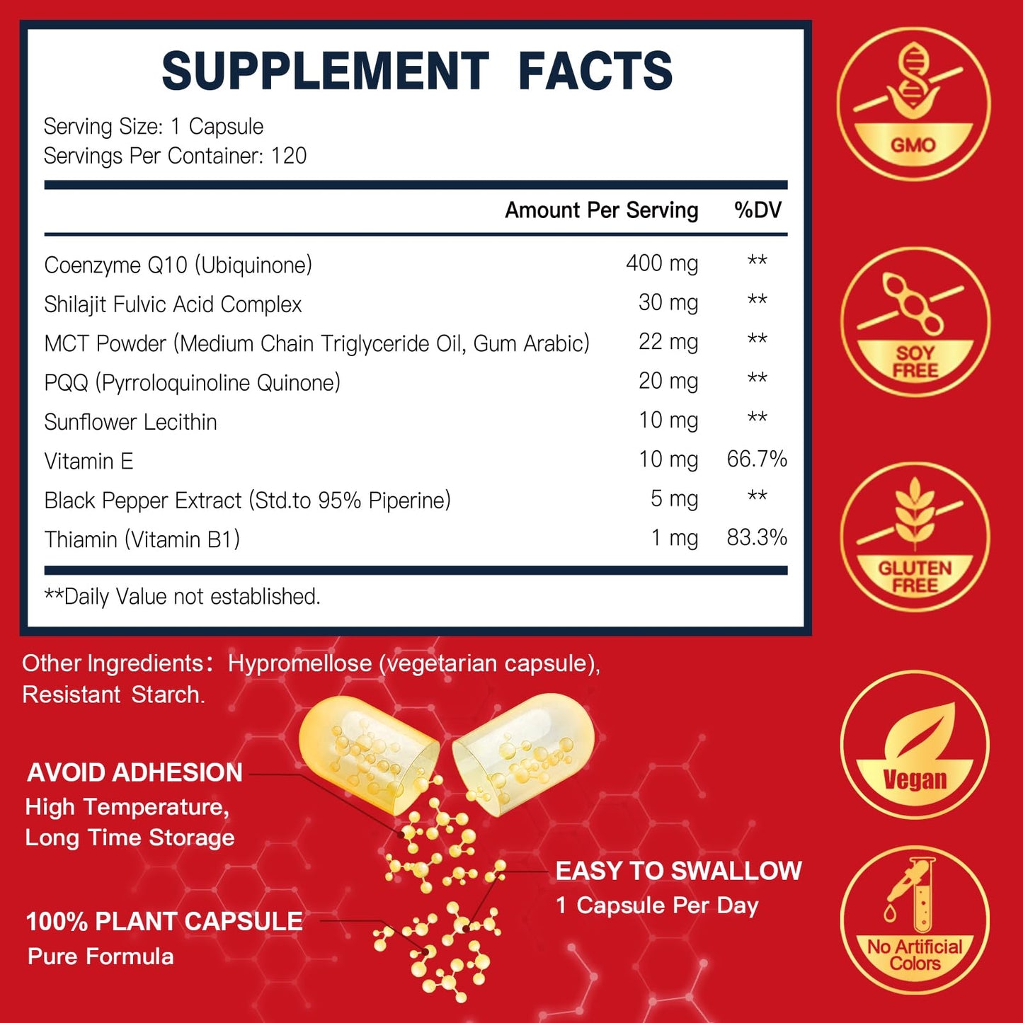 DRFOSTER CoQ10 400mg-High Absorption Coenzyme Q10 Supplements with PQQ, Shilajit & Vitamin E, Powerful Antioxidant for Heart & Brain Health and Energy-Production 120 Veggie Capsules