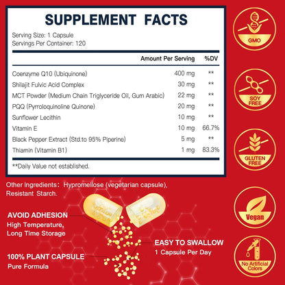 DRFOSTER CoQ10 400mg-High Absorption Coenzyme Q10 Supplements with PQQ, Shilajit & Vitamin E, Powerful Antioxidant for Heart & Brain Health and Energy-Production 120 Veggie Capsules