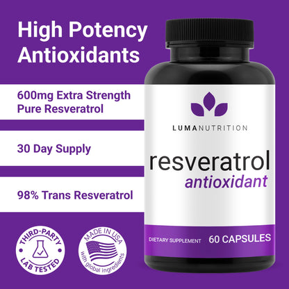 Luma Nutrition High Purity Resveratrol Supplement - 98% Trans-Resveratrol - Antioxidant - Resveratrol Capsules - Vegan & Gluten-Free - 60 Capsules