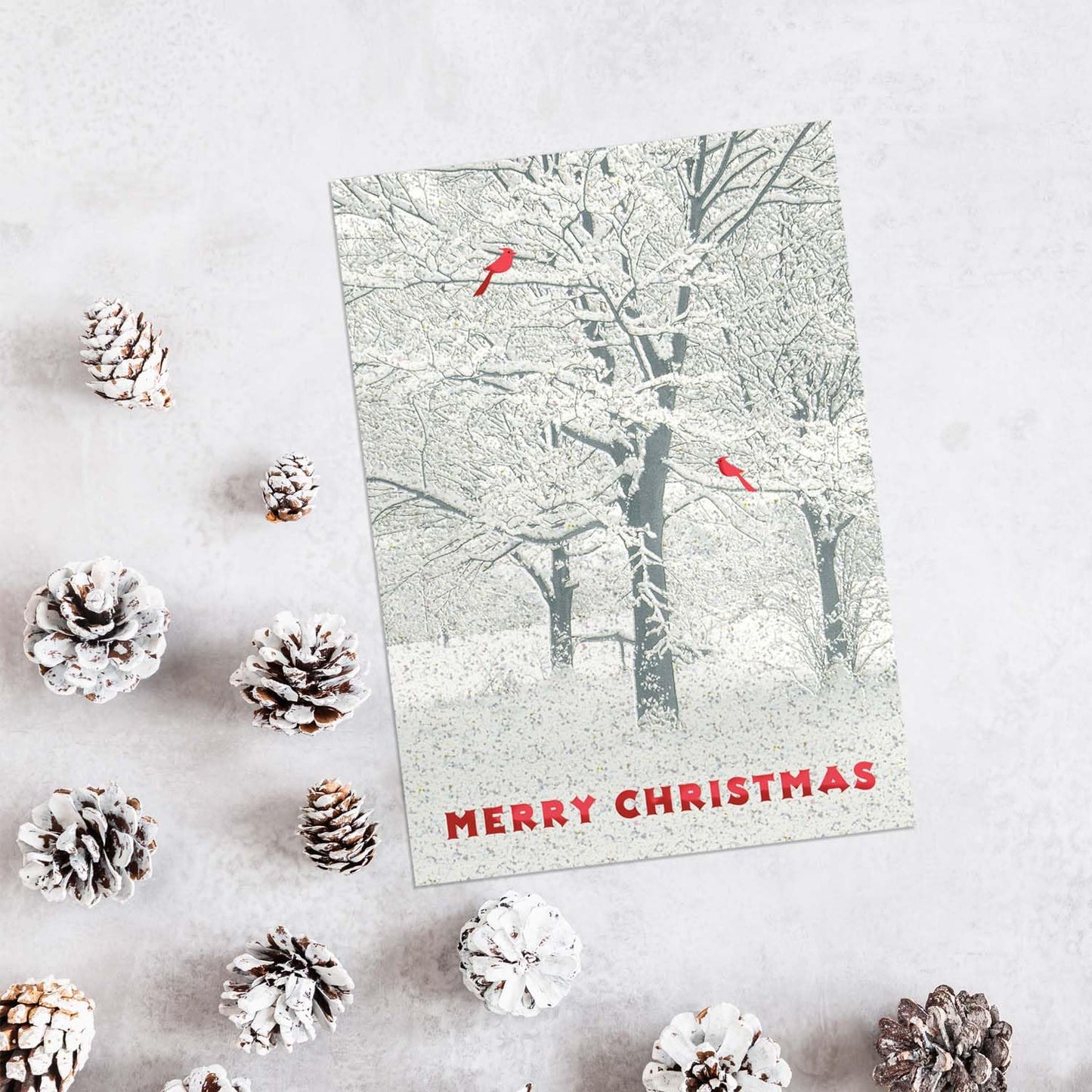 Masterpiece Snowy Trees And Cardinals Christmas Cards / 15 Winter Holiday Cards Set With Glitter And Red Foil With White Envelopes / 5 5/8" x 7 7/8" Sparkling Snow Greeting Cards With Inside Verse