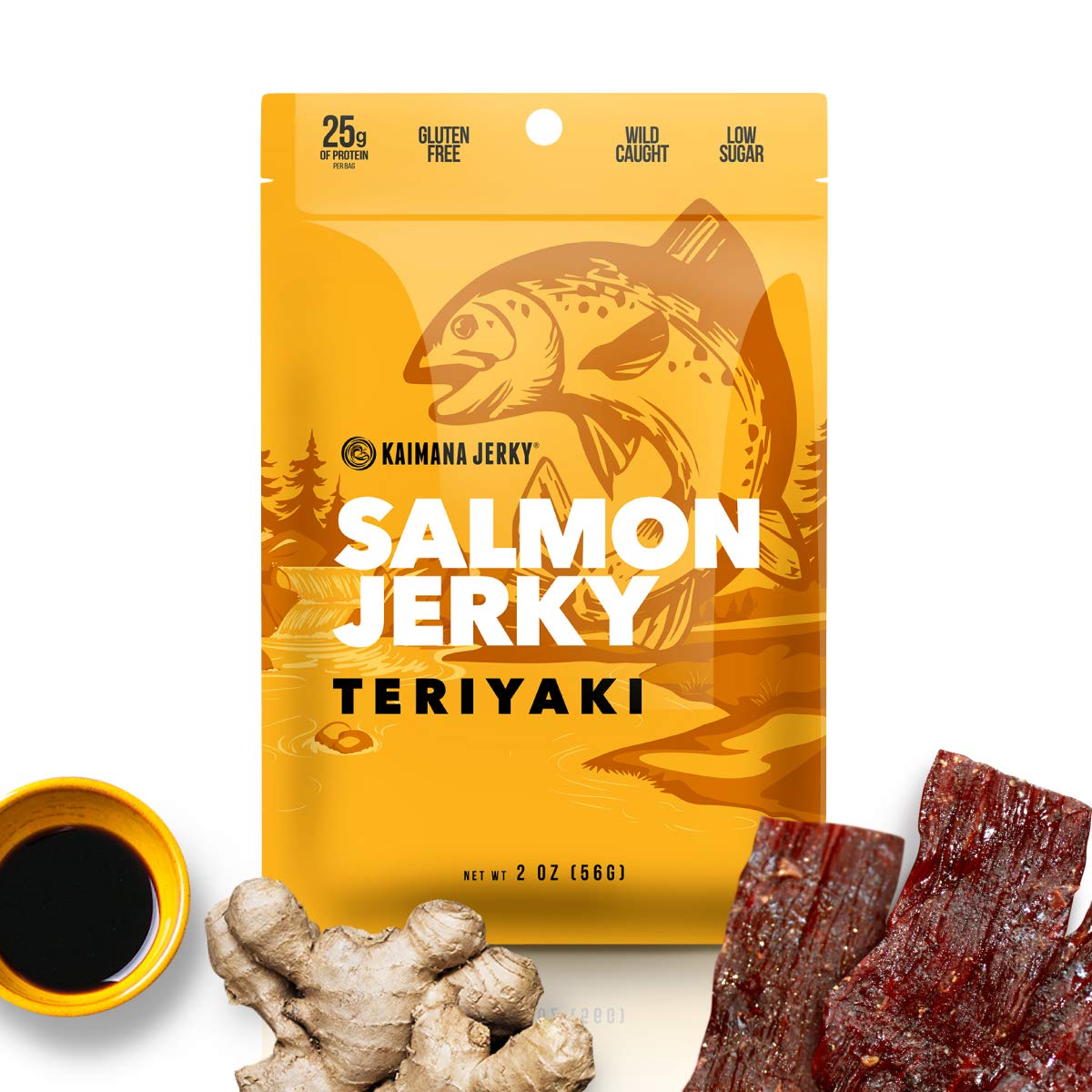 Kaimana Jerky Wild Caught Salmon Jerky - Organic Sweet & Savory Dried Fish Strips Rich in Omega-3 & Protein - Low-Calorie Seafood Snack with No Gluten, Less Sodium & Sugar - Teriyaki Flavor - 2oz Pack