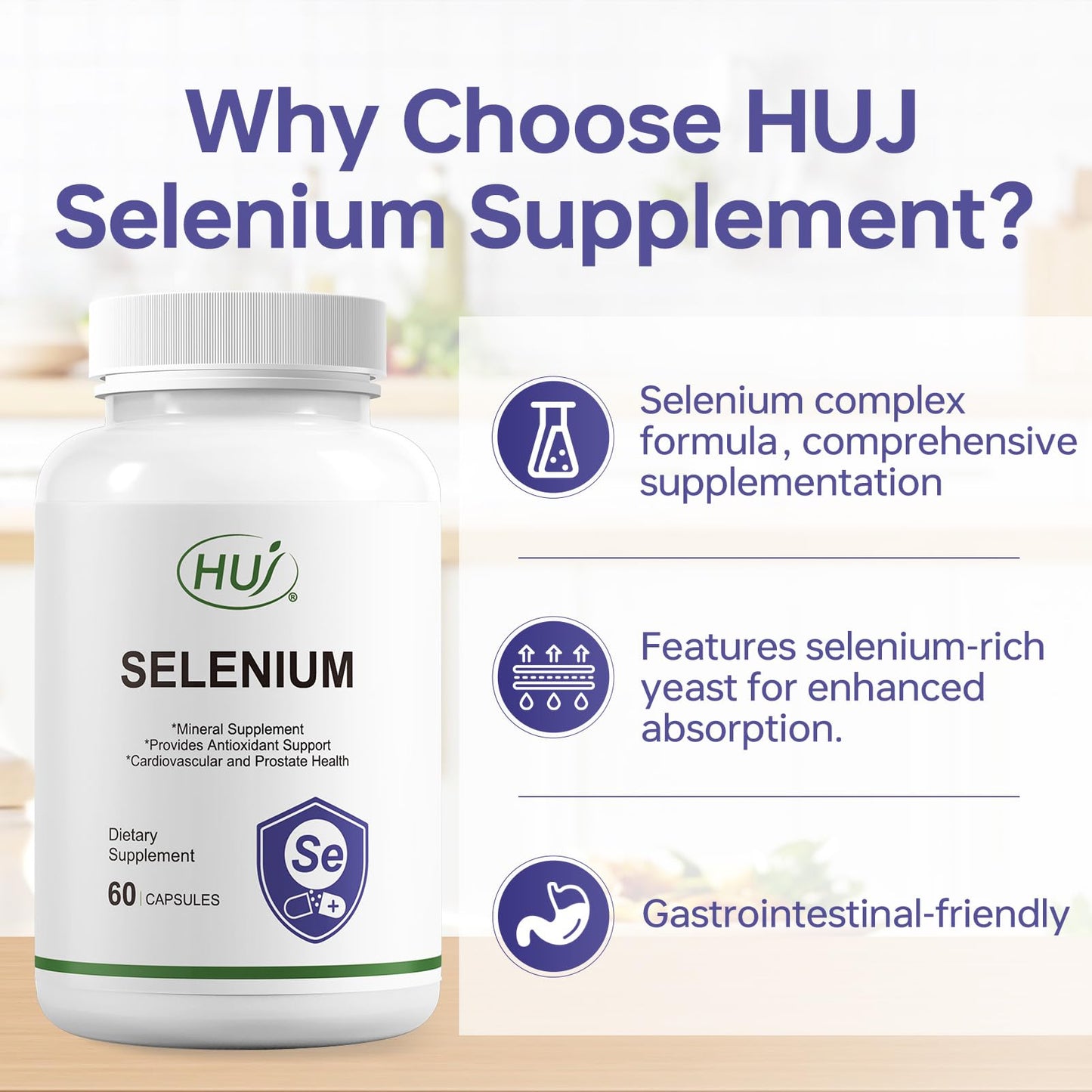 HUJ Selenium Supplement, 60 Capsules, Antioxidant Support, Mineral Supplement