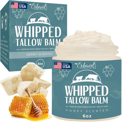 Beef Tallow Balm – Natural Grass Fed Whipped Tallow and Honey All Purpose Balm – Moisturizing Face and Body Lotion for Eczema, Cracked, Dry, Itchy, Irritated Skin – Skin Repair Skincare Made in USA