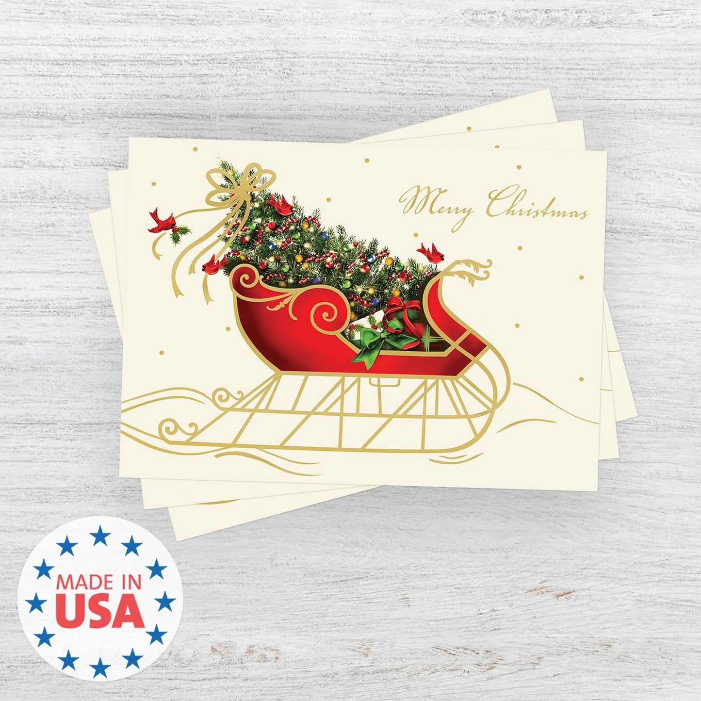 Canopy Street Masterpiece Holiday Sleigh Christmas Cards / 15 Traditional Holiday Cards With Coordinating White Envelopes Set / 5 5/8" x 7 7/8" Winter Greeting Cards With Inside Verse/Made In The USA