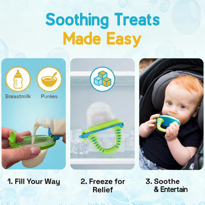 Teetherpop Fillable Freezable Teethers for Babies - Breastmilk Teether with Spill-Proof Sippy Slits – Teething Popsicle for Baby, Liquids & Purées, Cooling Teething Relief Feeder Pacifier - Blue Set