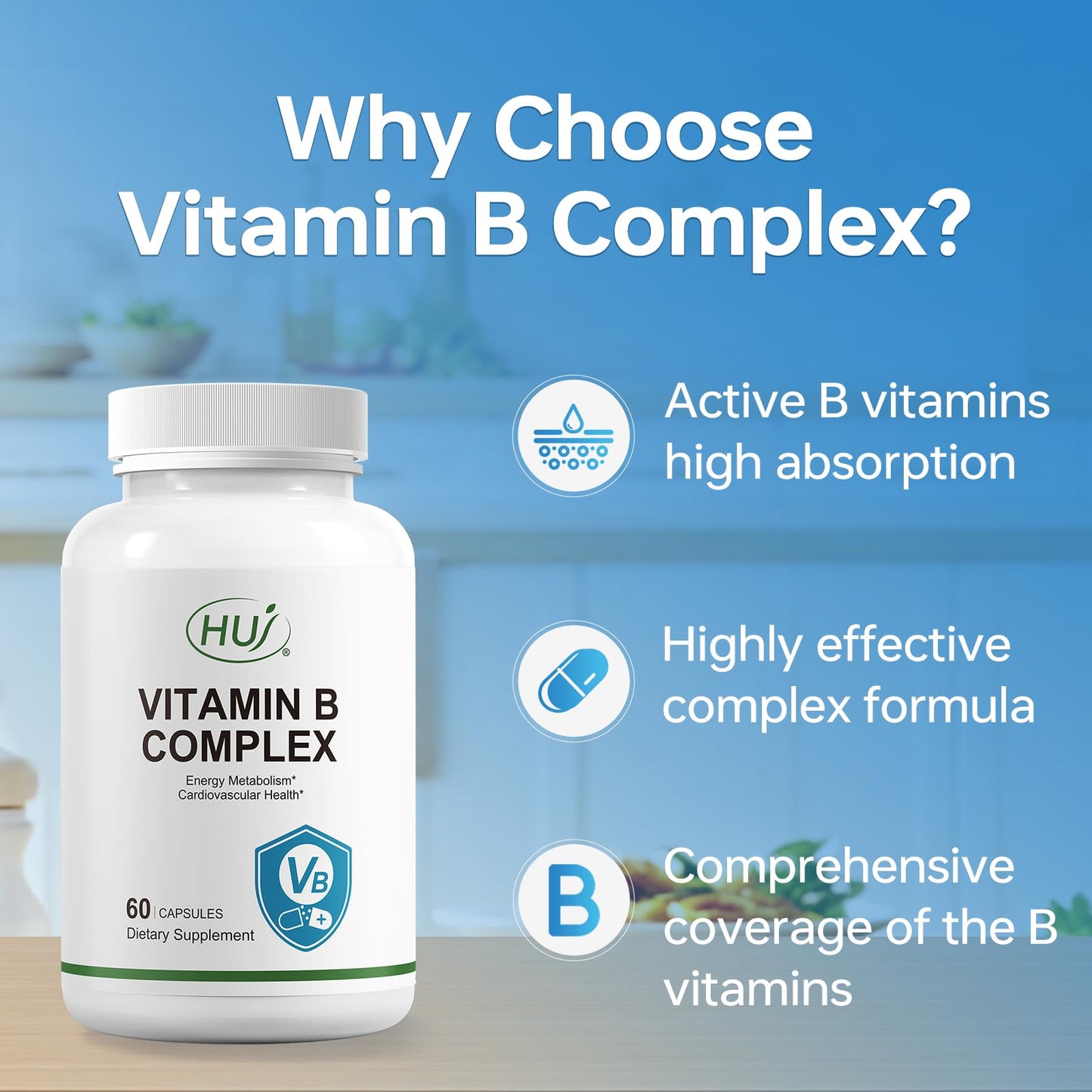 HUJ Vitamin B Complex - B Vitamins Supplement to Support Energy Metabolism, Cardiovascular Health - 60 Capsules