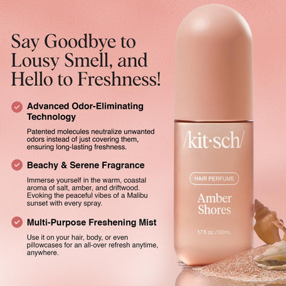 Kitsch Amber Shores Hair Perfume for Women - Hair Spray & Body Mist - Clean, Deodorizing & Patented Odor-Eliminating Technology - Freshen Hair, Body & Pillows - Woody Aquatic Scent - 50ml