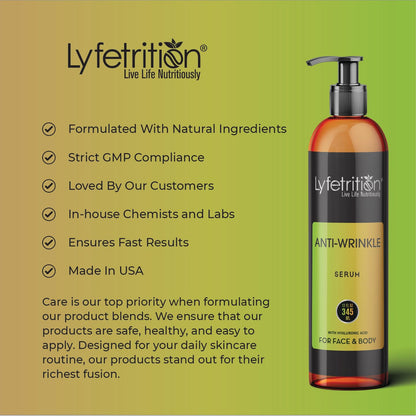 Lyfetrition Anti-Wrinkle Serum | 12 Oz Large Bottle | Anti-Aging Face Serum With Jojoba Oil, Rosehip Seed Oil & Many More Natural Ingredients - Moisturizing Cleanser for Fair & Younger Looking Skin