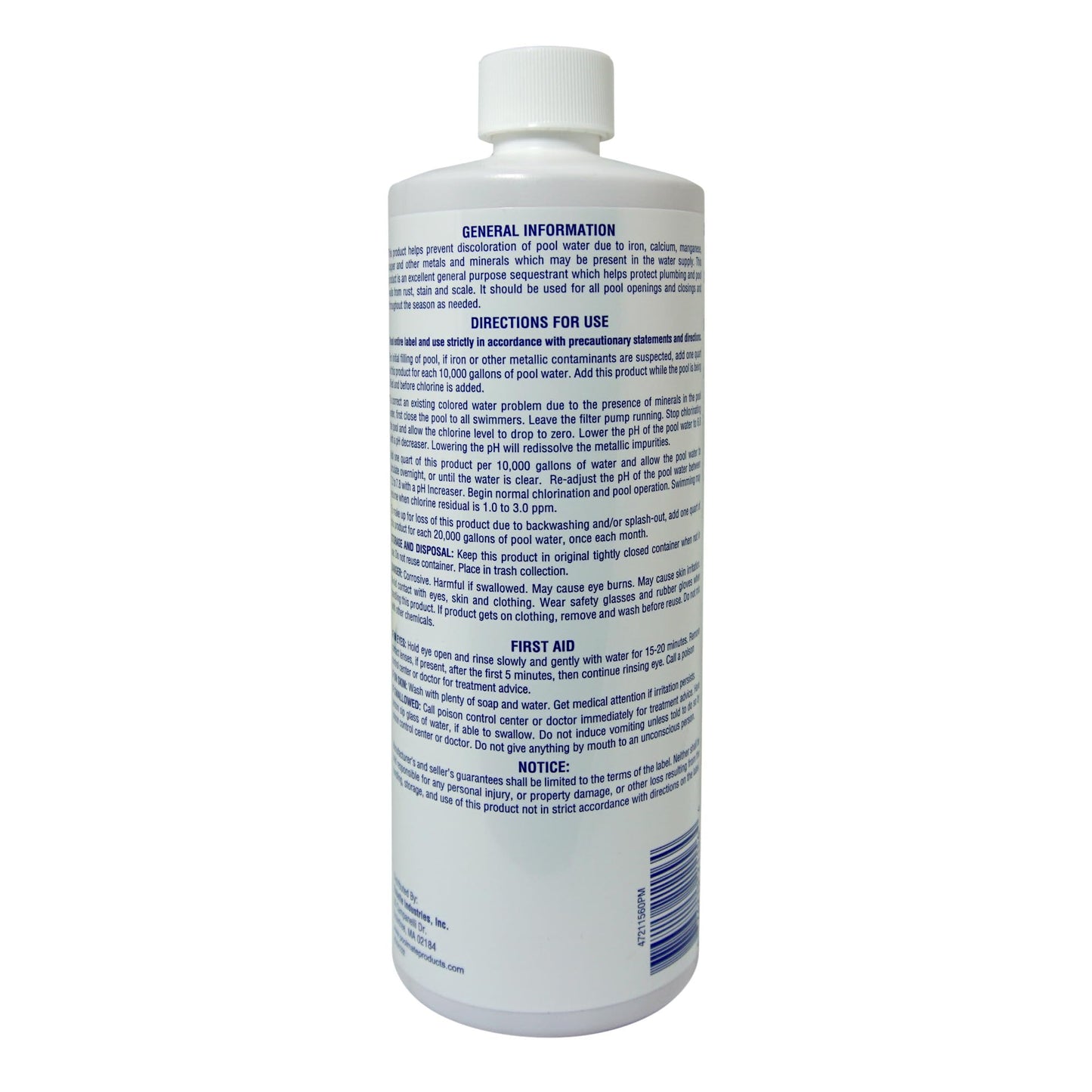 Pool Mate 1-Quart Concentrated Metal Out Stain and Mineral Inhibitor, Pool Metal Remover, Stain Remover, Made in USA