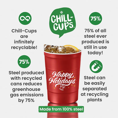 Steel Chill Cups 16 oz. Party Cups 'Happy Holidays' Christmas Tree Design for Cold Drinks, Durable, Disposable, Recyclable, Made in USA, Red, 12 Count