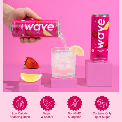 WAVE Organic Sparkling Drink | Low Calorie Drink, Strawberry Lemonade Lightly Carbonated | Great Natural Soda Alternative | USA Made Kosher No Added Sugar, Color, & Artificial Ingredients |12 Pack