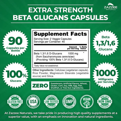 Zazzee Extra Strength 1,3/1,6 Beta Glucans, 1000 mg, 100% Concentrated, 90 Vegan Capsules, Supports a Healthy Immune System, 100% Vegetarian, All-Natural and Non-GMO