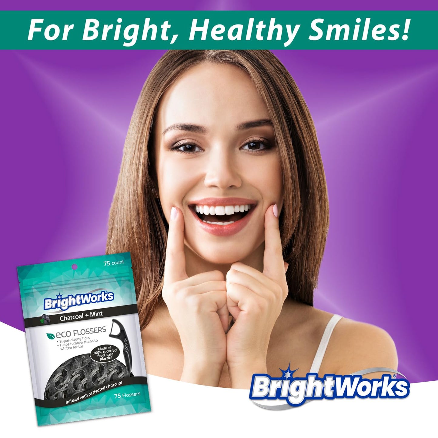 Brightworks ECO Sustainable Floss Picks - 225 Count - PTFE & PFAS Free - Made in USA Charcoal + Mint Infused 100% Post-Consumer Recycled Plastic with Micro-Crystals for Oral Care Hygiene Gum Health