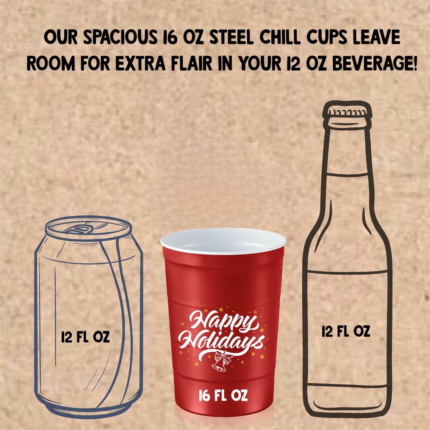 Steel Chill Cups 16 oz. Party Cups 'Happy Holidays' Christmas Tree Design for Cold Drinks, Durable, Disposable, Recyclable, Made in USA, Red, 12 Count