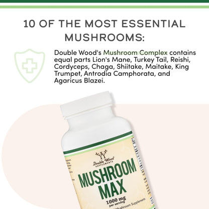 Double Wood Supplements Mushroom Complex Supplement - 1,000mg - 10 Most Essential Mushrooms (Lion's Mane, Reishi, Cordyceps, and More), 120 Capsules