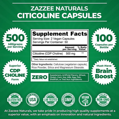 Zazzee Extra Strength Citicoline, 500 mg per Serving, 100 Vegan Capsules, Superior CDP Choline Form, 100% Vegetarian and Pharmaceutical Grade, 50-Day Supply, All-Natural and Non-GMO