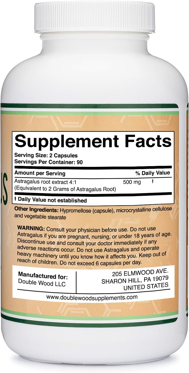 Double Wood Supplements Immune Boosting Astragalus 500mg 180 Capsules - Rich in Flavonoids and Polysaccharides - Non-GMO, Gluten Free, Third Party Tested