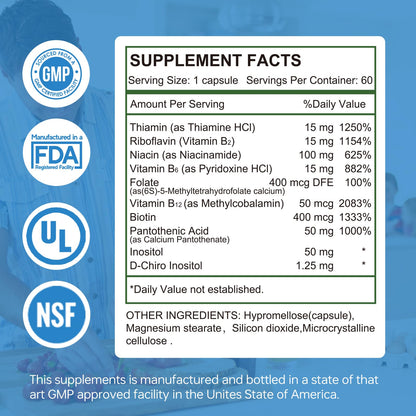 HUJ Vitamin B Complex - B Vitamins Supplement to Support Energy Metabolism, Cardiovascular Health - 60 Capsules