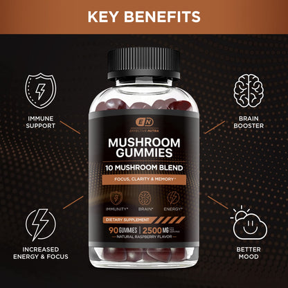EFFECTIVE NUTRA Mushroom Gummies 2500mg | 10 Blend w/Lions Mane, Reishi, Chaga, Cordyceps & More | Focus, Memory, Immunity, Energy | Natural Berry Flavor Supplement | Vegan, Made in USA (90ct)