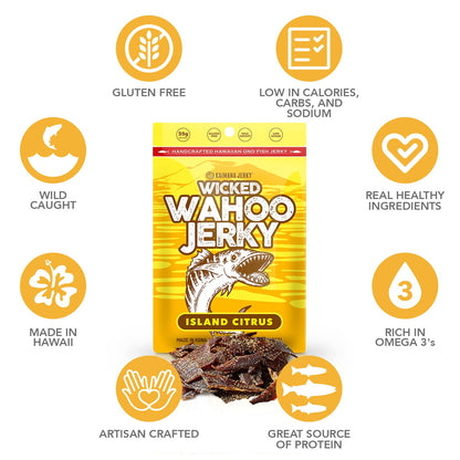Island Citrus Wahoo Ono Fish Jerky - Zesty Umami Flavor - Artisan Crafted - Gourmet Dried Fish Strips Rich in Omega-3 & Protein - Low-Calorie Seafood Snack with Low Sodium & Sugar - 2 Ounce (3 Pack)