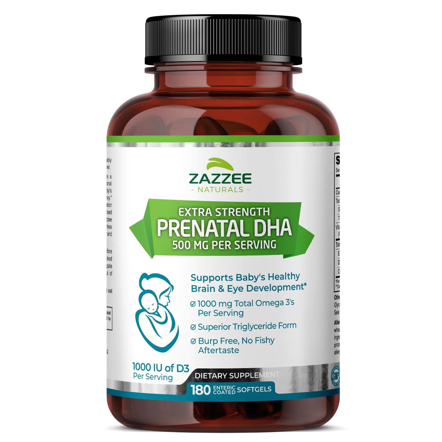 Zazzee Extra Strength Prenatal DHA 500 mg, 180 Enteric Coated Softgels, 1000 mg Omega 3’s, 1000 UI Vitamin D3, Burp Free, No Fishy Aftertaste, Superior Triglyceride Form, Purified Deep Sea Fish Oil