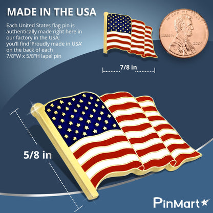 PinMart American Flag Lapel Pin – Made in the USA -Patriotic Waving United States Nickel Plated Enamel Pins for Coats, Suit Jackets and Lanyards